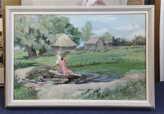 20th century Russian School At The Dacha 20.5 x 31.5in.